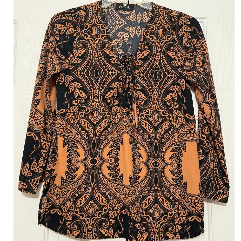Fab'rik Printed V-Neck Blouse, Black and Brown Size S